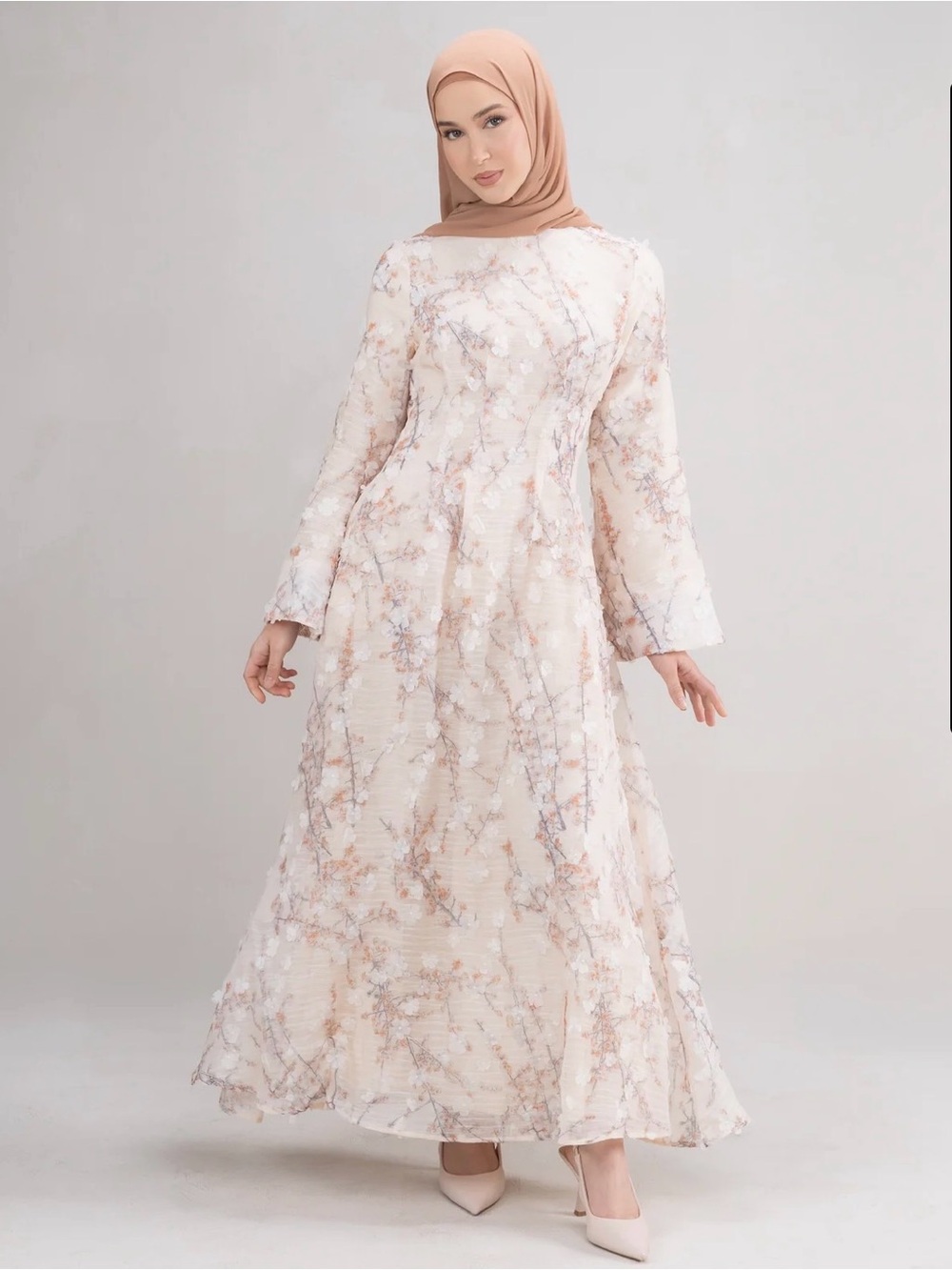 Blush Floral Modest Maxi Dress with Long Sleeves